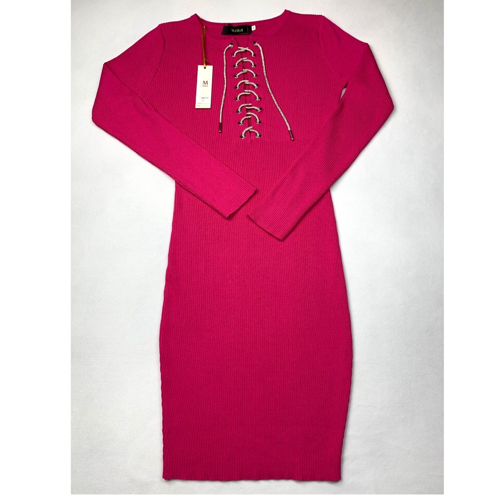BIBA Pink Ribbed Knit Lace Up Rhinestone‎ Bodycon Midi Dress Long Sleeve Large L